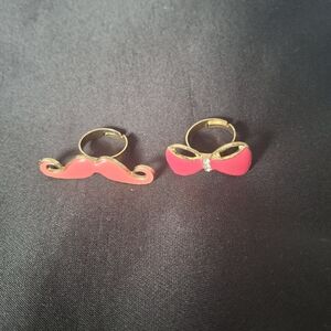 Pink Mustache and Bow Ring Set